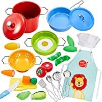 Buyger Utensilios Cocina Juguete para Niños Chef Ollas y Sartenes Juguete Acero Inoxidable con Alimentos Cortar Juguete…